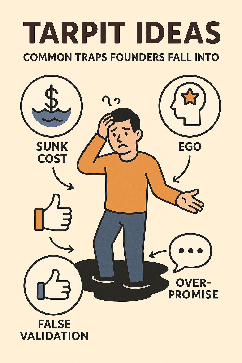 Infographic illustration showing the common traps founders fall into when dealing with tarpit ideas (Sunk Cost, Ego, False Validation, etc.).