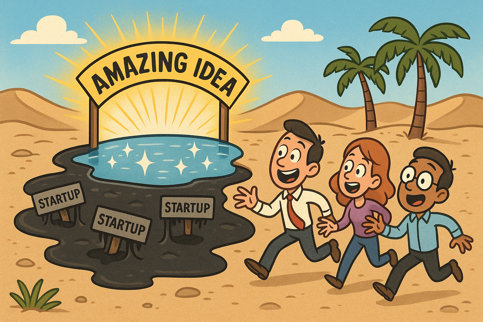 Cartoon illustration depicting founders excitedly approaching a shiny oasis labeled 'Amazing Idea', unaware it's actually a tarpit that's trapped other startups in the past.