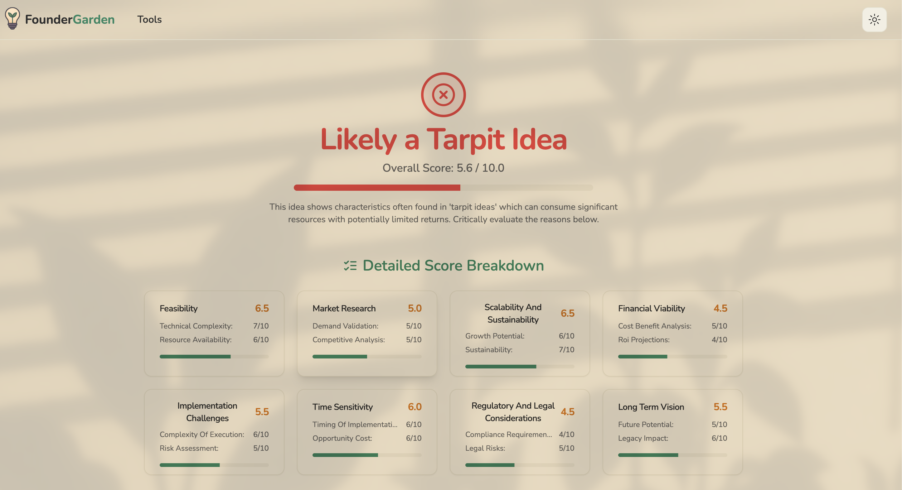 Image Prompt: "Screenshot-style graphic of IsItATarpit.com tool interface showing an idea being analyzed and flagged as 'Potential Tarpit!'"